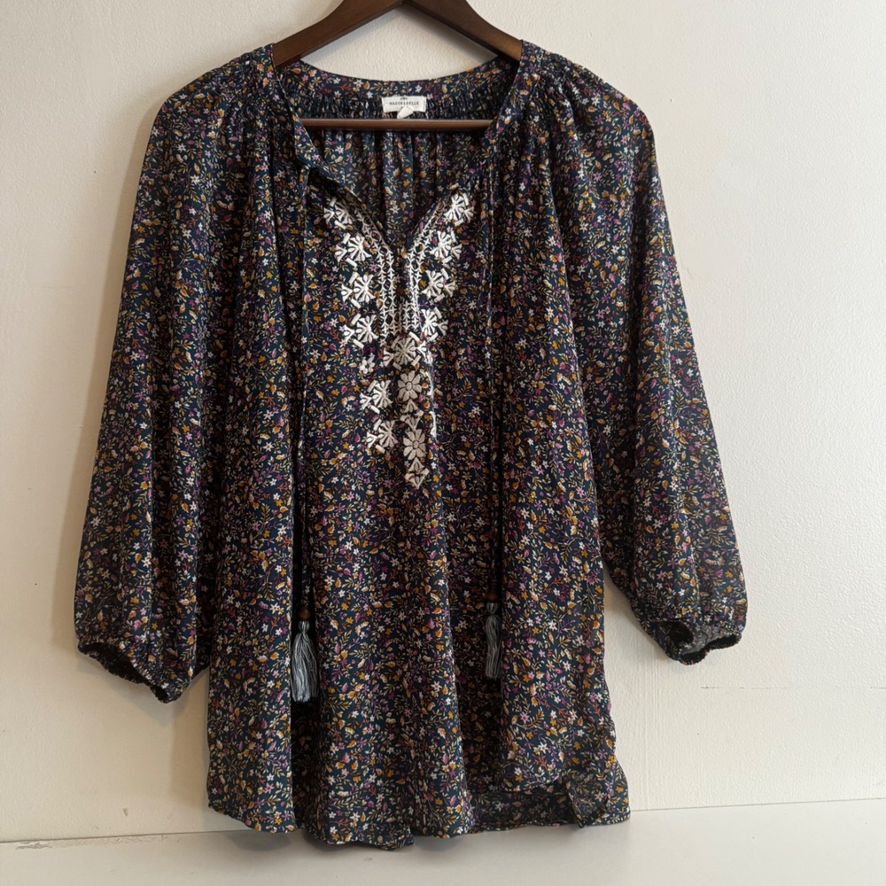 Mason & Belle Womens 1X Blue Floral Embroidered Peasant Blouse Cottagecore Fall
